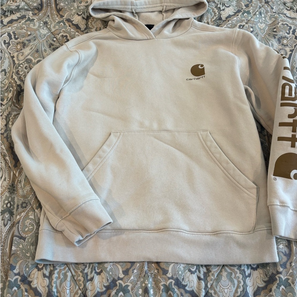 Carhartt Girl’s Light Tan With Brown Pullover Hoodie Sweatshirt Large